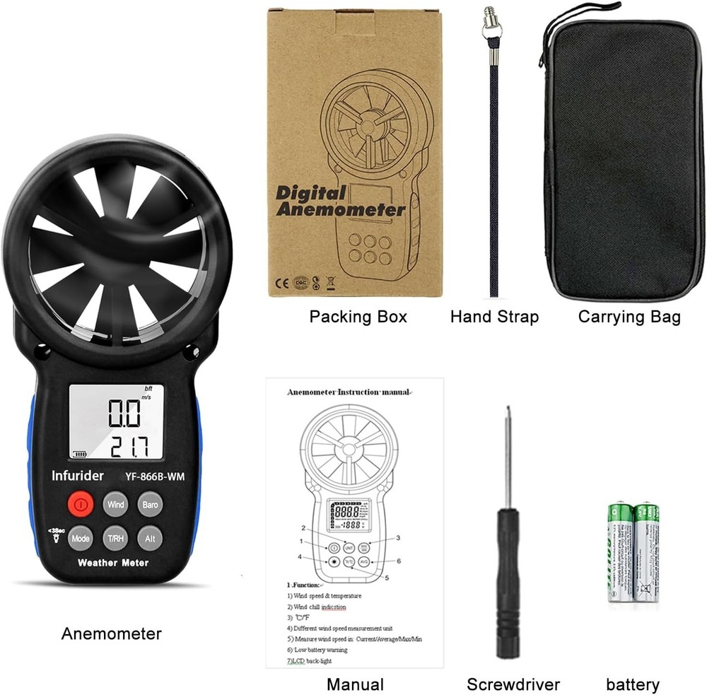 HoldPeak Portable Weather Meter - Handheld Anemometer for Wind & Temperature