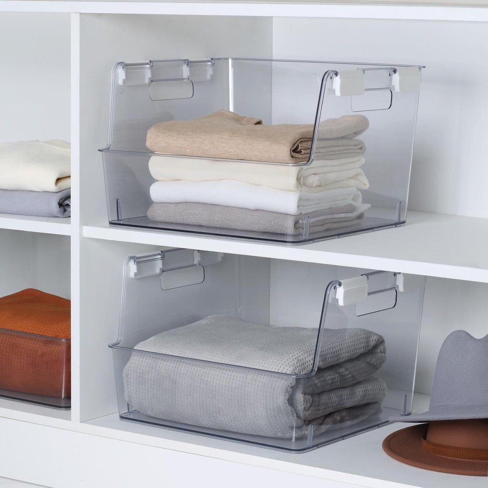 Large Clear Plastic Stackable Bin Closet W/ White Latches
