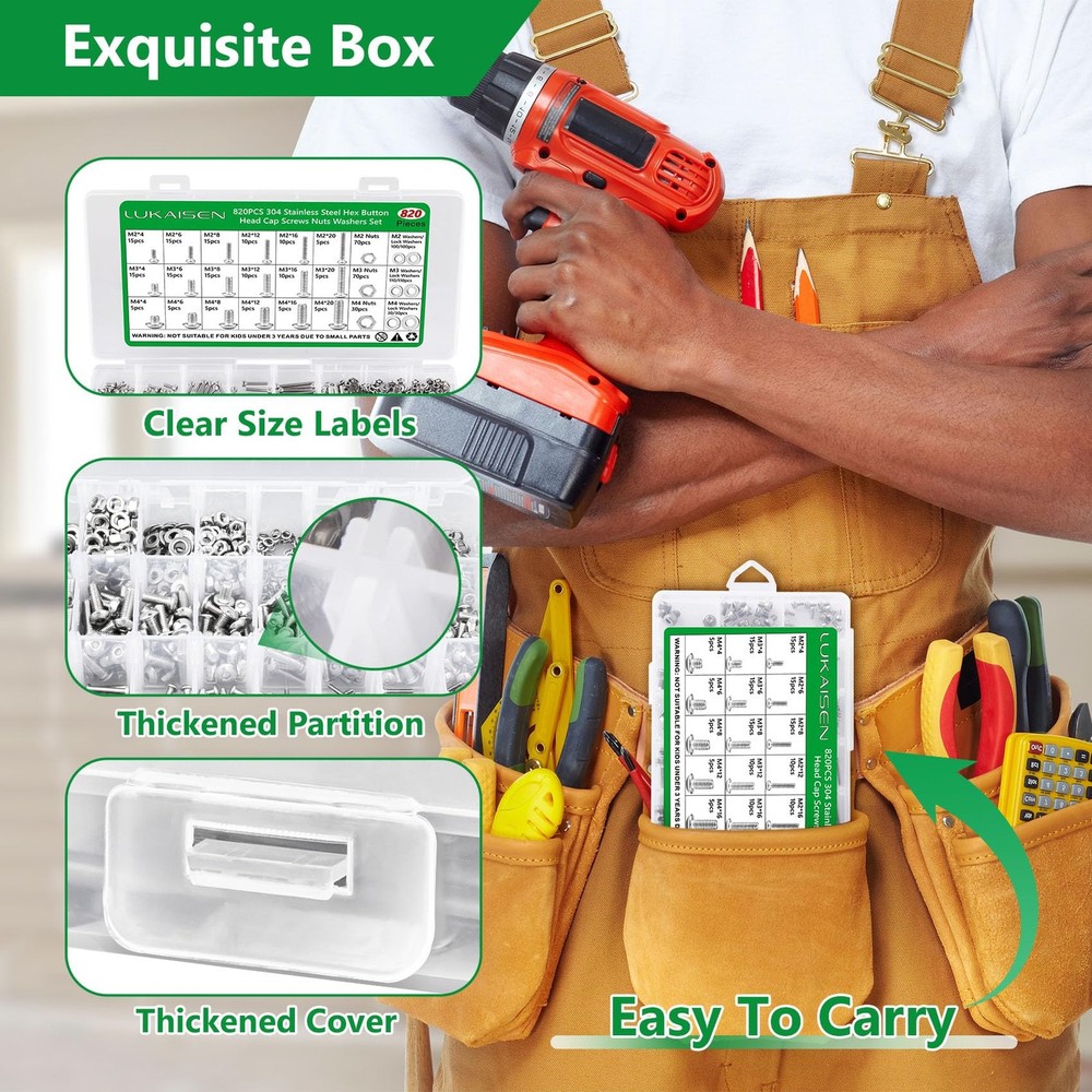 820PCS Screws and Nuts, M2 M3 Hex Button Head, 820 Silver