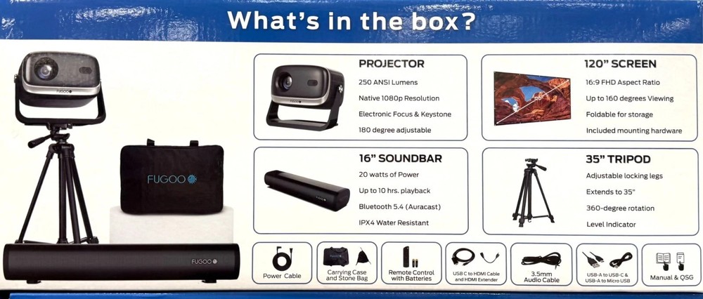 Fugoo Outdoor Projector & Soundbar Bundle with Tripod & 120" Foldable Screen