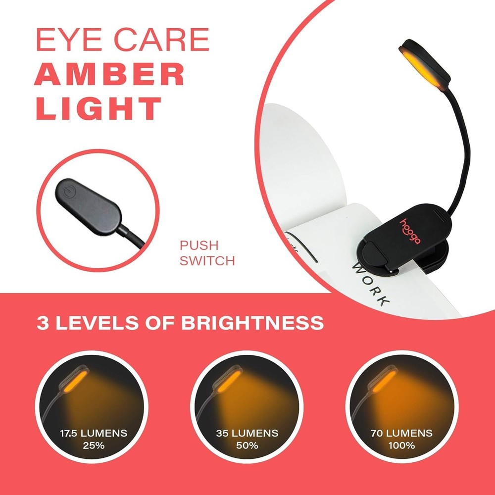 Amber Book Light, Rechargeable Clip-On Blue Light Blocking LED Reading Light,...