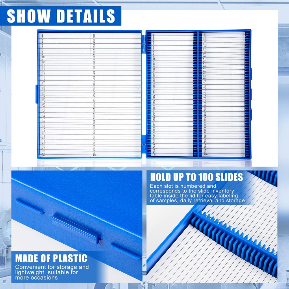 4 Pcs Microscope Slide Storage Box, 100 Place Plastic Holder for Blue