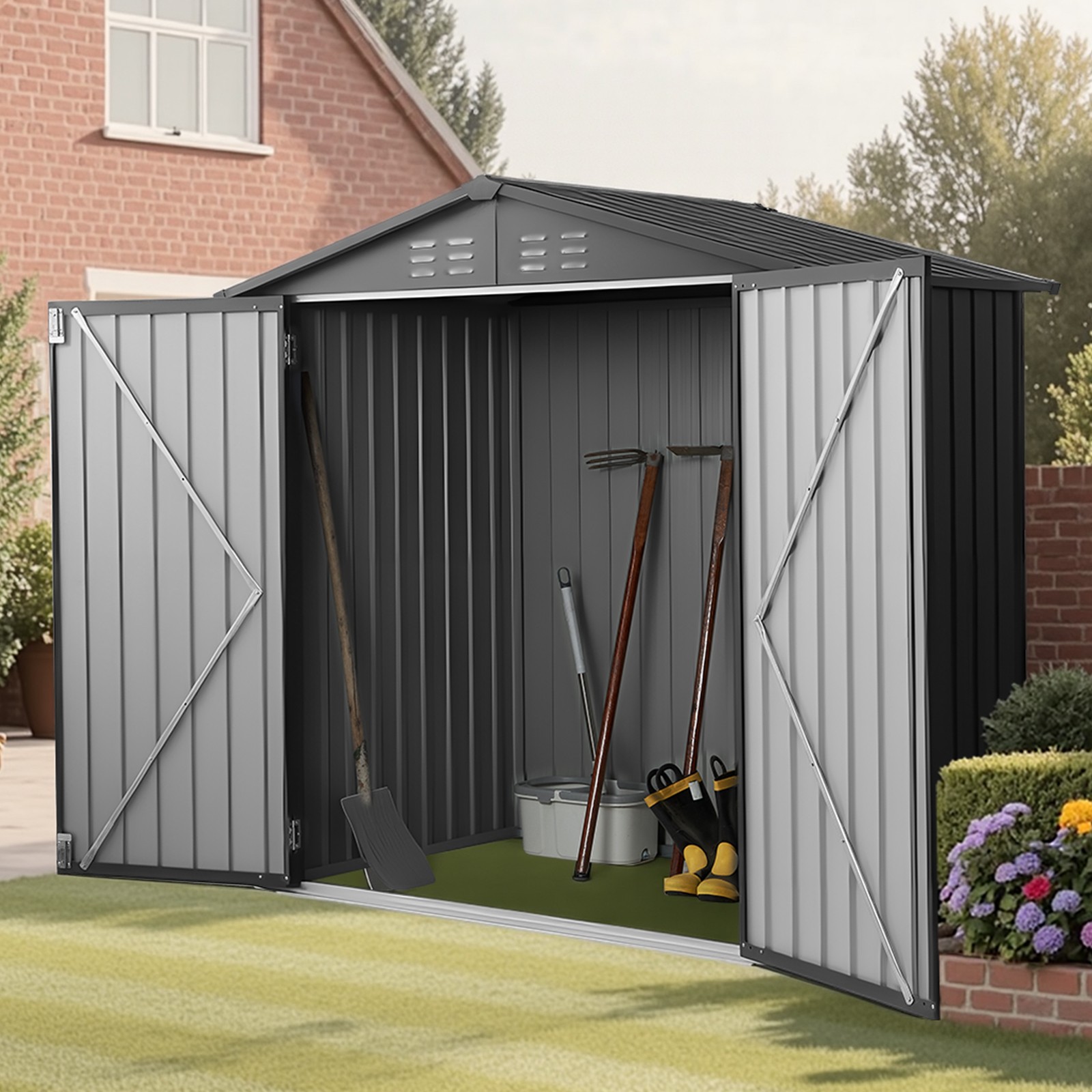 VEVOR 6 x 4 FT Metal Garden Shed Outdoor Storage Shed with 4 Louver Vents Grey