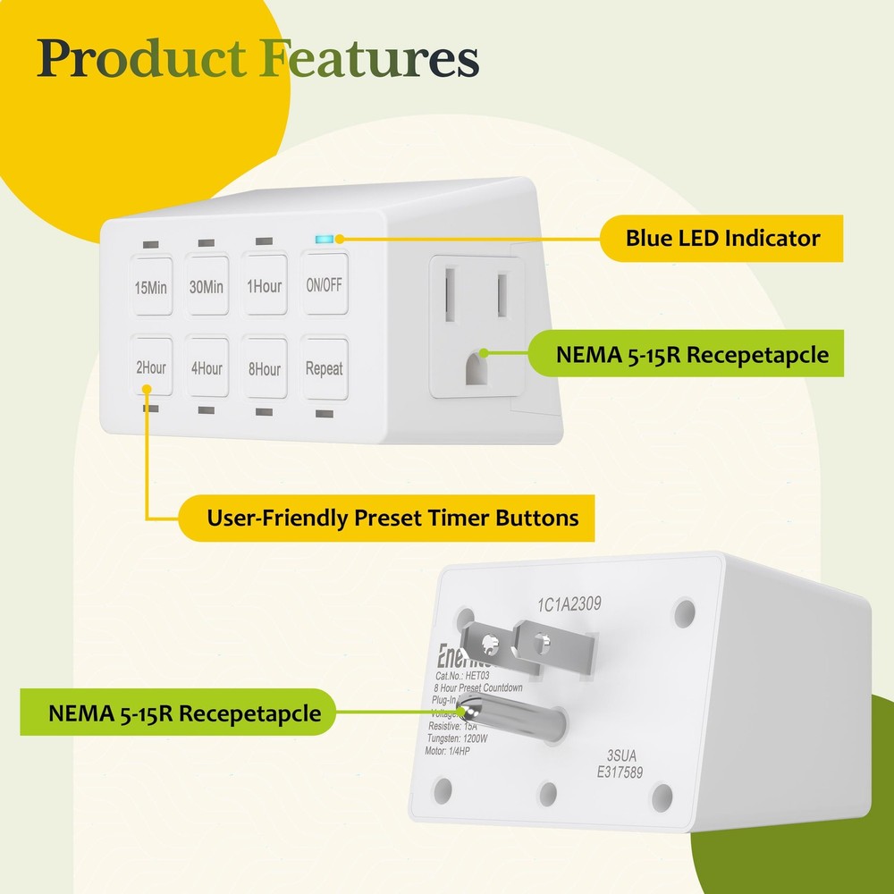 TG 8-Hour Indoor Countdown Plug-in Timer, Timer for Electrical 1 PACK, White