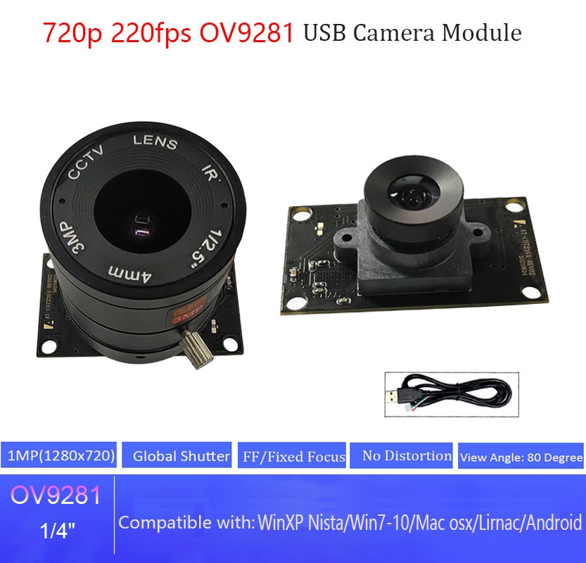 720P OV9281 220fps Global Shutter USB Camera Module Fixed Focus Monochrome Image