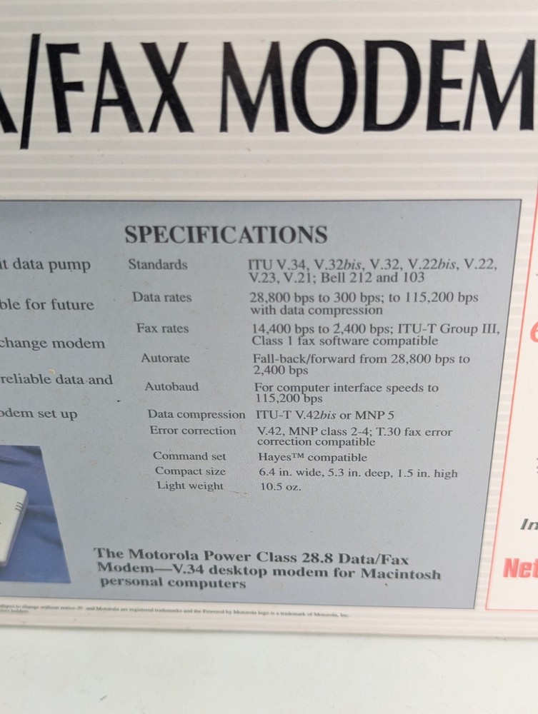 Motorola Power Class 28.8 Data/Fax Modem Macintosh V.34 Vtg Computing