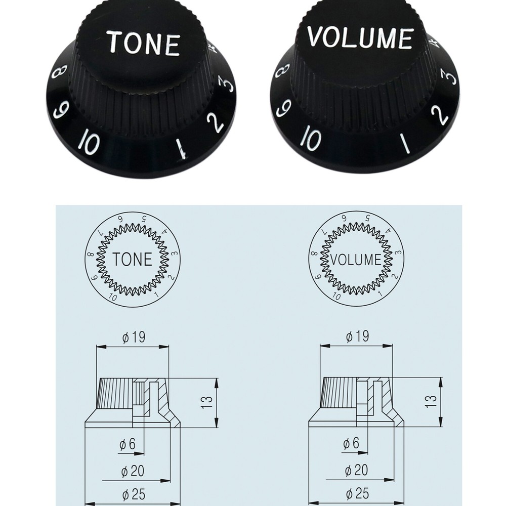 Metallor Black Guitar Knobs for Stratocaster/Strat - 2 Tone, 1 Volume, 2 Sets