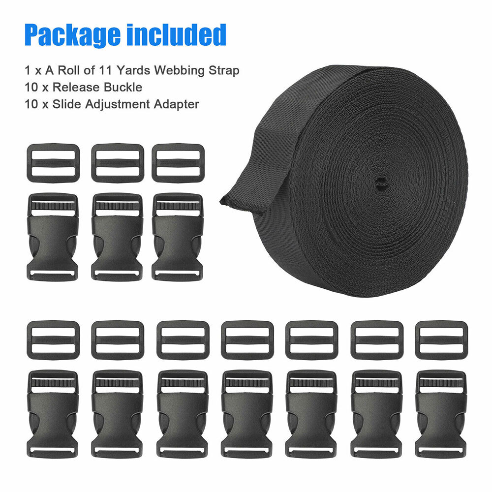 1Inch Black Nylon Webbing Strap Kit With 10PC Plastic Buckle + 10PC Side Release