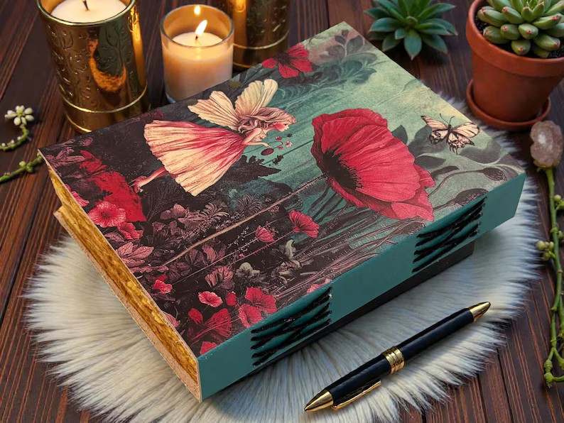 Fairy Flower Vintage Leather Grimoire Notebook