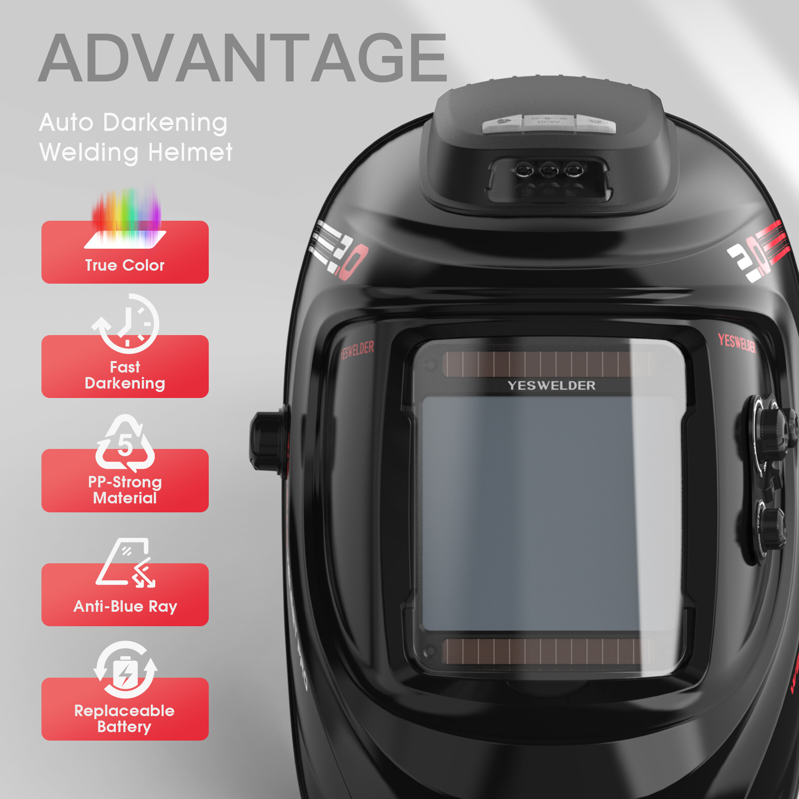 YESWELDER Auto Darkening Welding Helmet Fan Light 1/1/1/1 Color Solar Powered