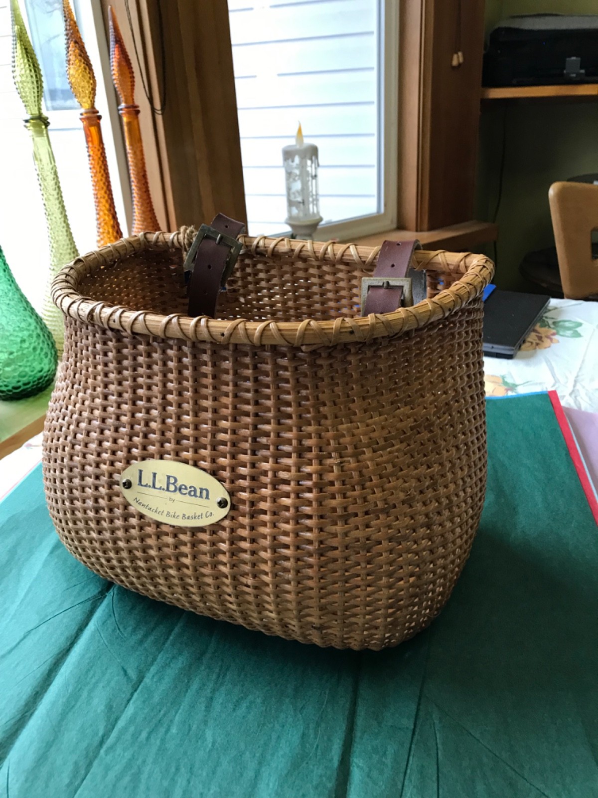 L.L.Bean Nantucket wicker bike basket used once with tags leather straps