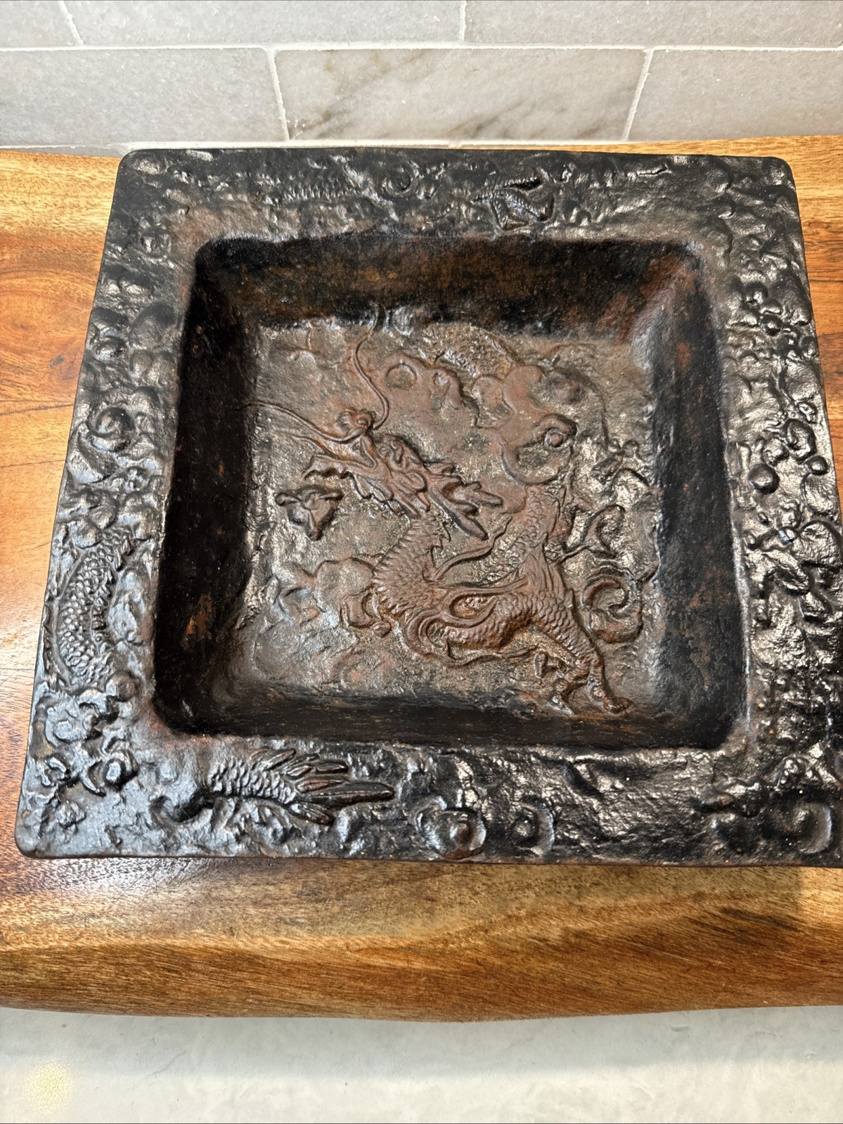 Vintage Japanese Cast Iron Dragon Tray Umbrella / Cane Stand Drip Pan  9.5”