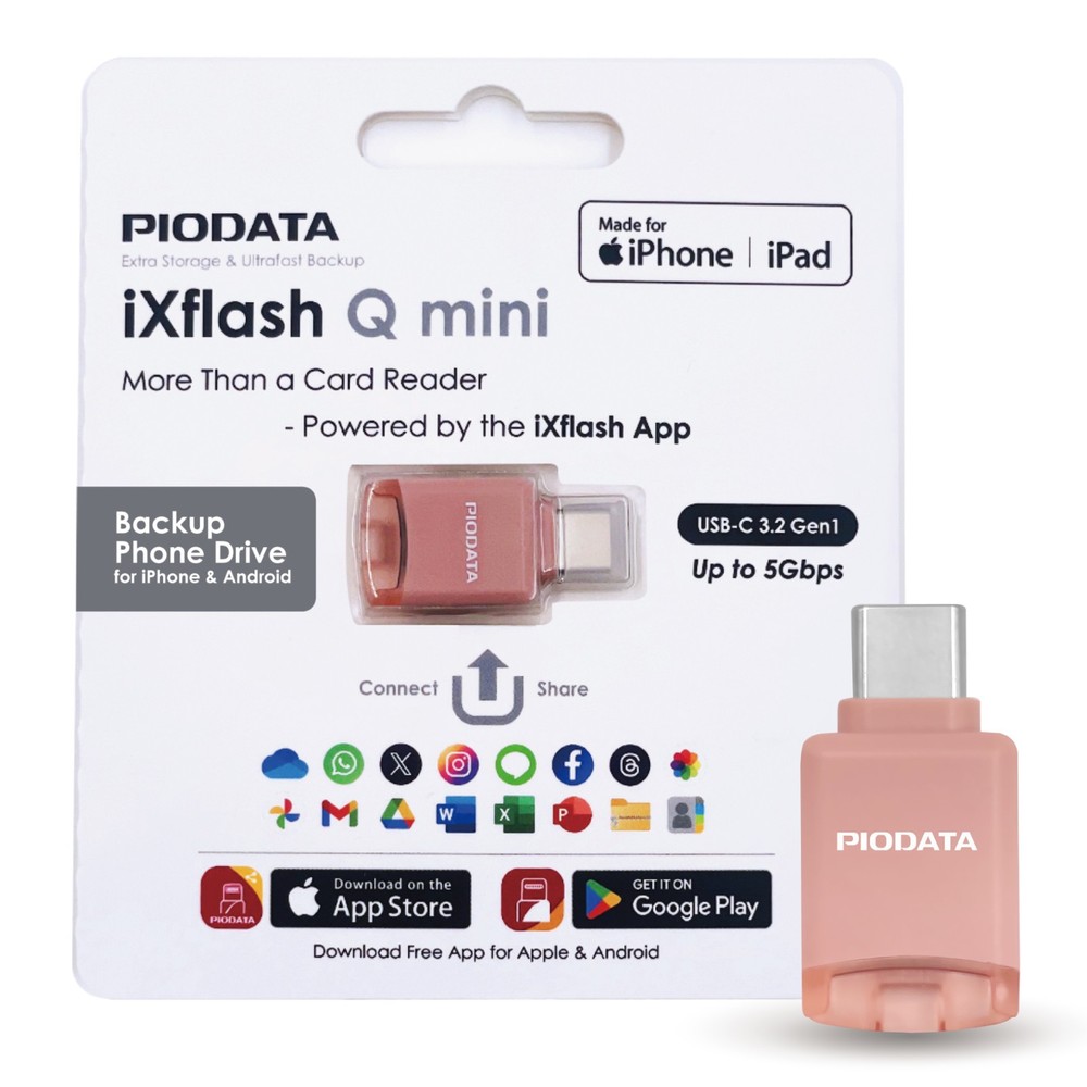 PioData Micro SD Card Reader for USB C iPhone, iPad, Android iXflash Q mini Pink