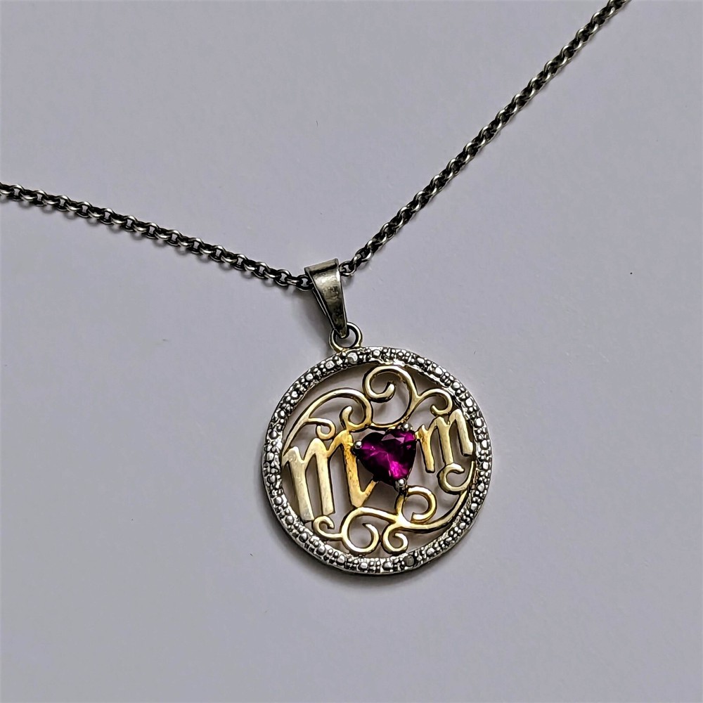 HAN Signed Ruby Heart MOM Pendant Necklace