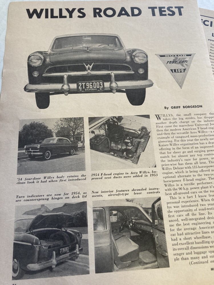 1954 WILLY'S   4 page Details & Spec. included