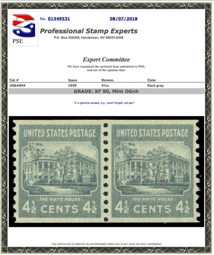 #844 MNH Pair PSE Graded 90, PSE Cert. # 01349531