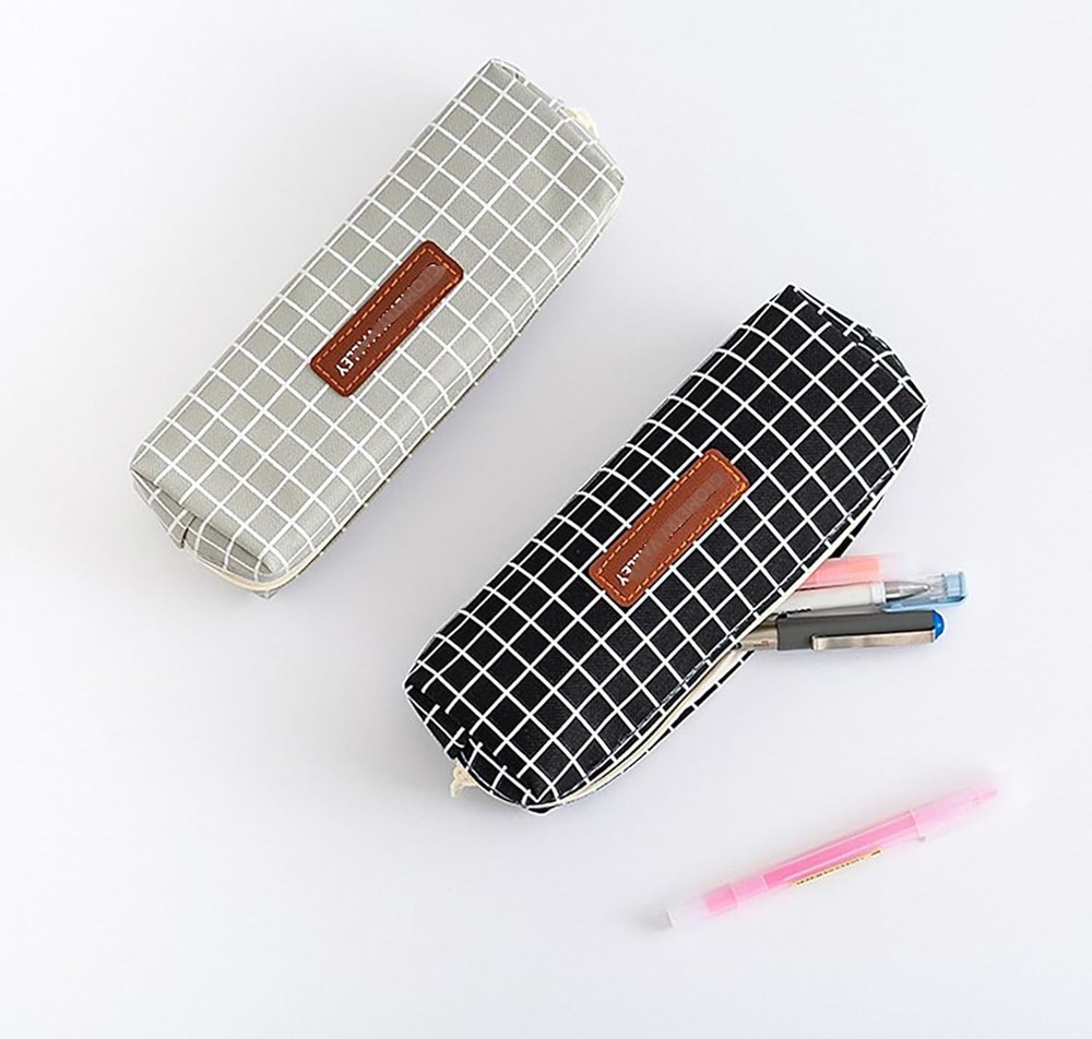 2-Pack Canvas Pen & Pencil Case 7.8"x3.9"x2" Soft Storage Bag Chequer