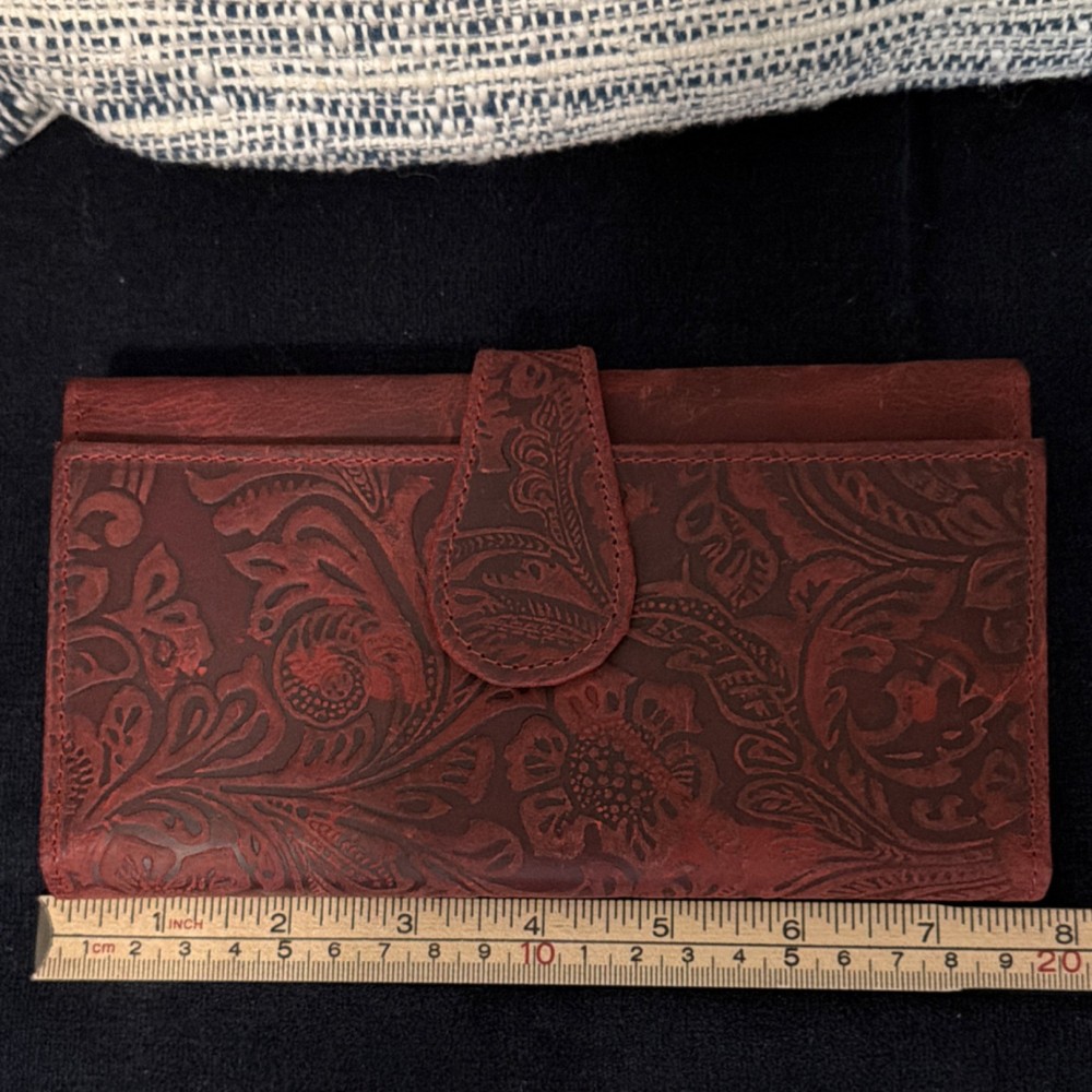 Red Floral Embossed Leather Wallet with RFID Blocking