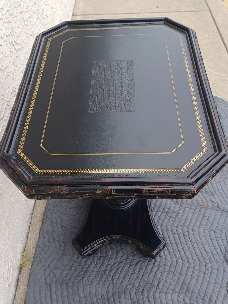 Maitland Smith Side Table Ebonized Faux Bamboo Leather Top Hand Painted Table