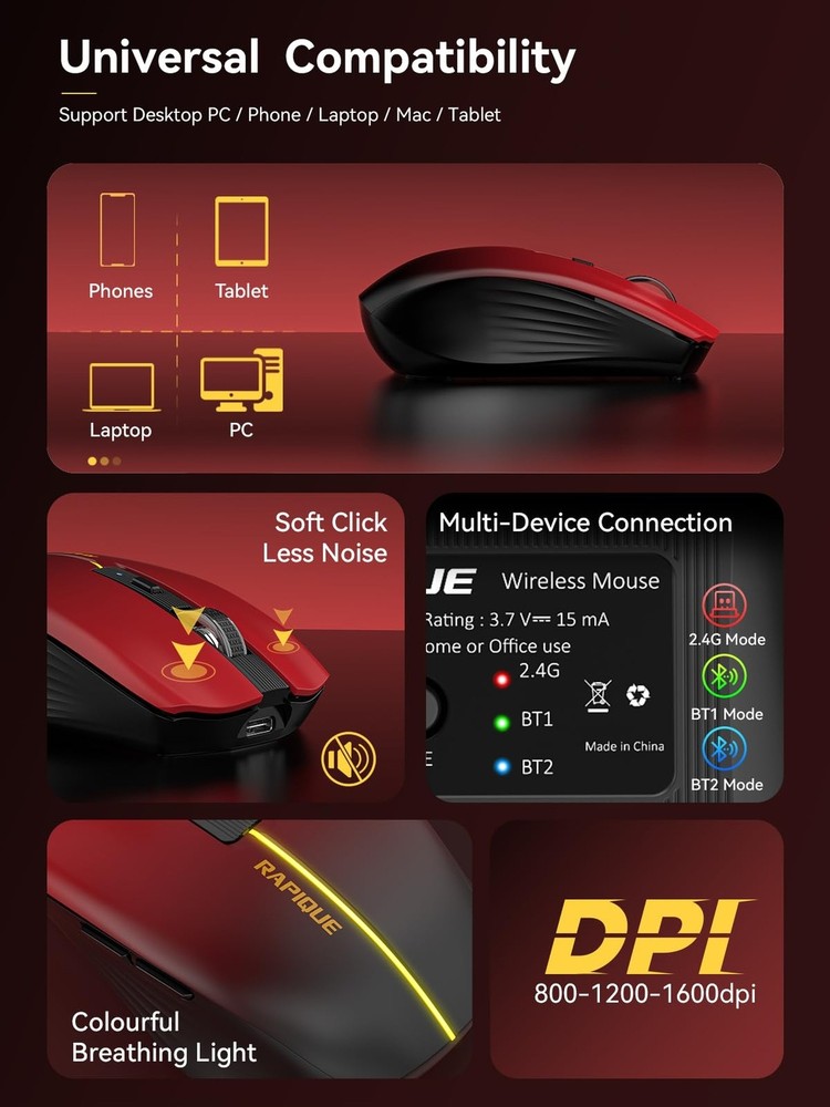 Bluetooth Wireless Mouse - (BT1/BT2+USB) Tri-Mode High Performance, Rechargea...