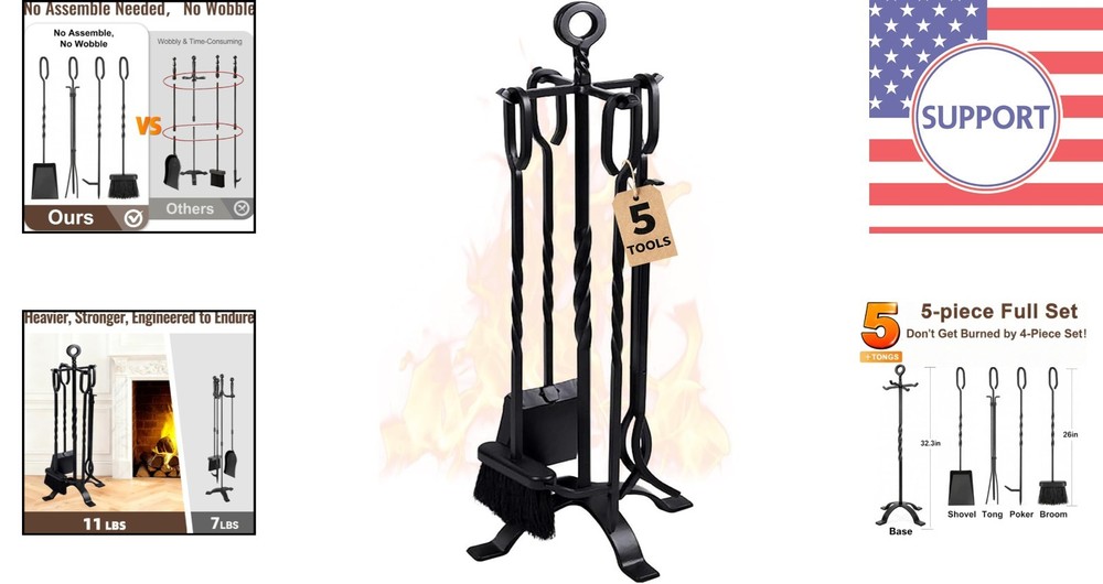 5-Piece Fireplace Accessory Set - Includes Essential Tools for Fire Management
