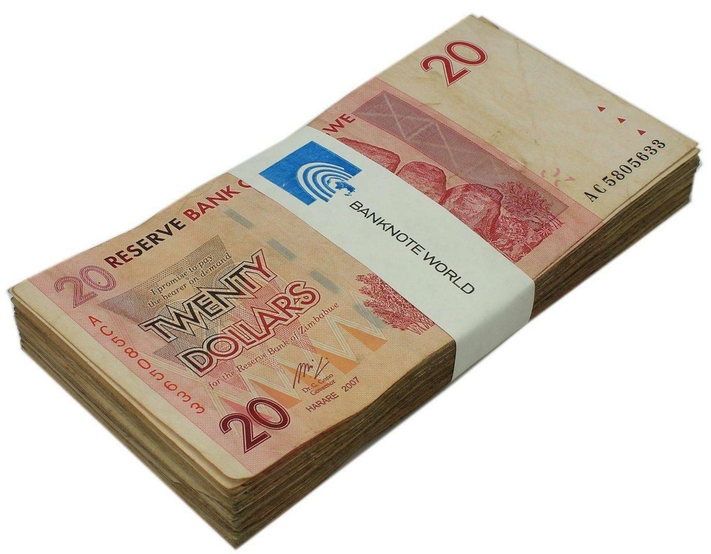 Zimbabwe 20 Dollars, 2007, P-68, Used X 100 PCS Bundle Pack