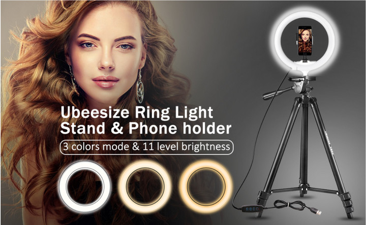 UBeesize 10.2" Selfie Ring Light with 50" Tripod Stand & Flexible Phone Holder