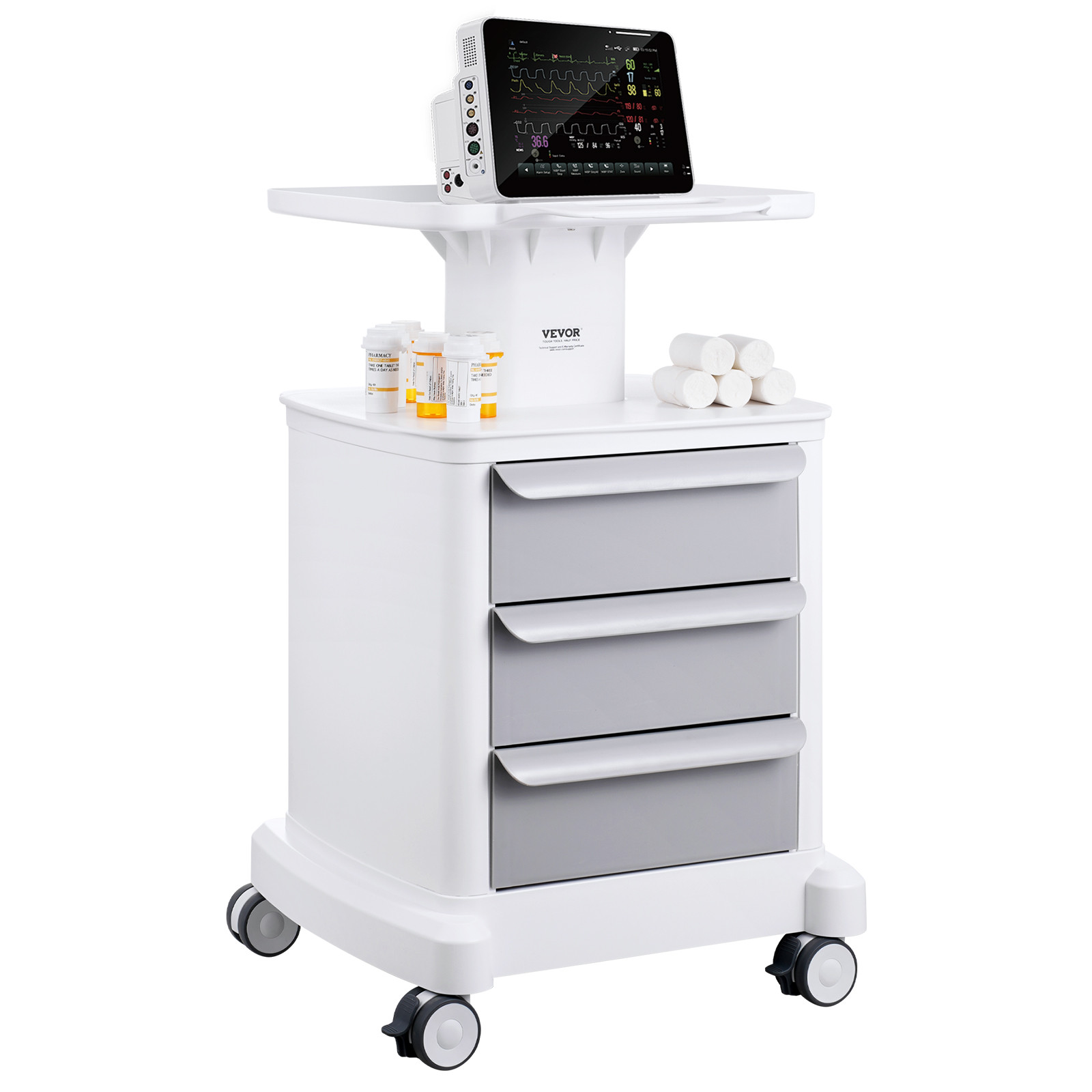 Uimoso 4 Tiers Lab Carts Mobile Medical Cart with 3 Drawers & 1 Top Tray White