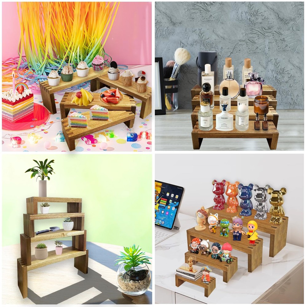 8Pcs Wood Risers Display Stands 2 Set, 4 Tier Rectangular Spice Rack for Food...