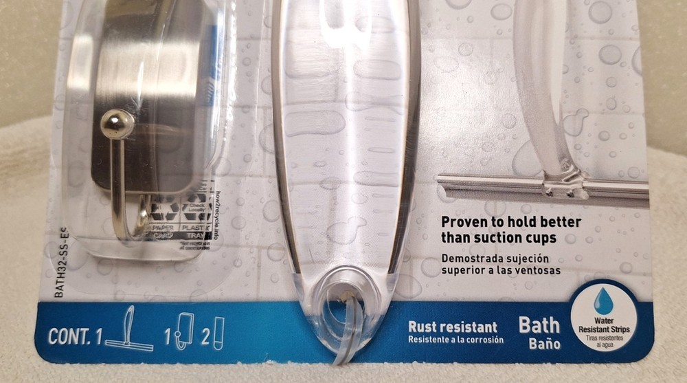 3M BATH32-SS-ES Command Shower Squeegee Hook Nickel Caddy Damage-Free Hanging