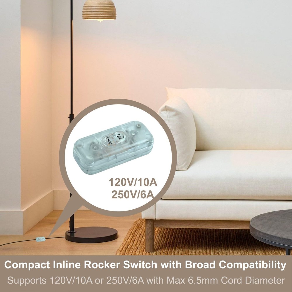 Lamp Switch Replacement Inline Light Zip Cord Clear ON/Off Rocker Power Control
