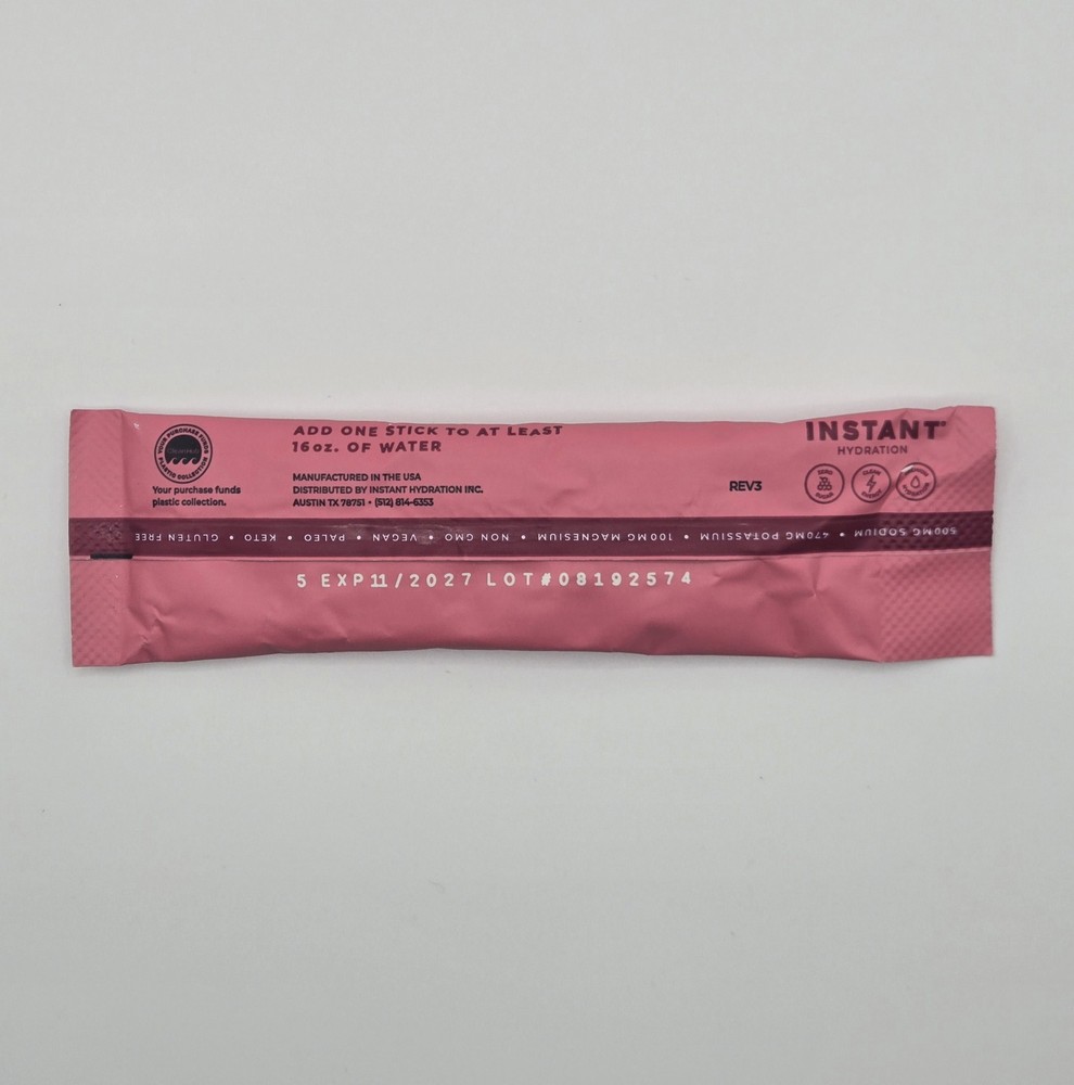 Instant Hydration Electrolyte Drink Mix - Raspberry - 25 Packets - BB 11/27