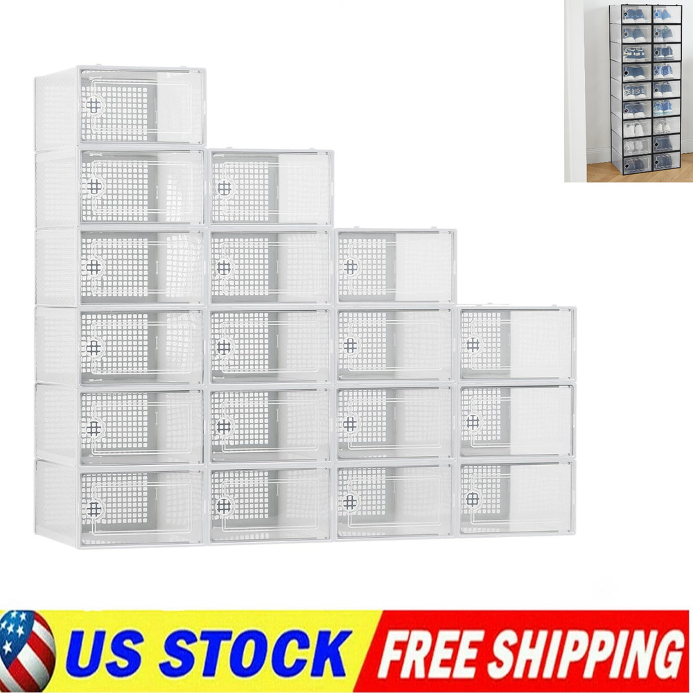 🔝18 Pack Plastic Stackable Clear Shoe Storage Box Organizers Sneaker Containers