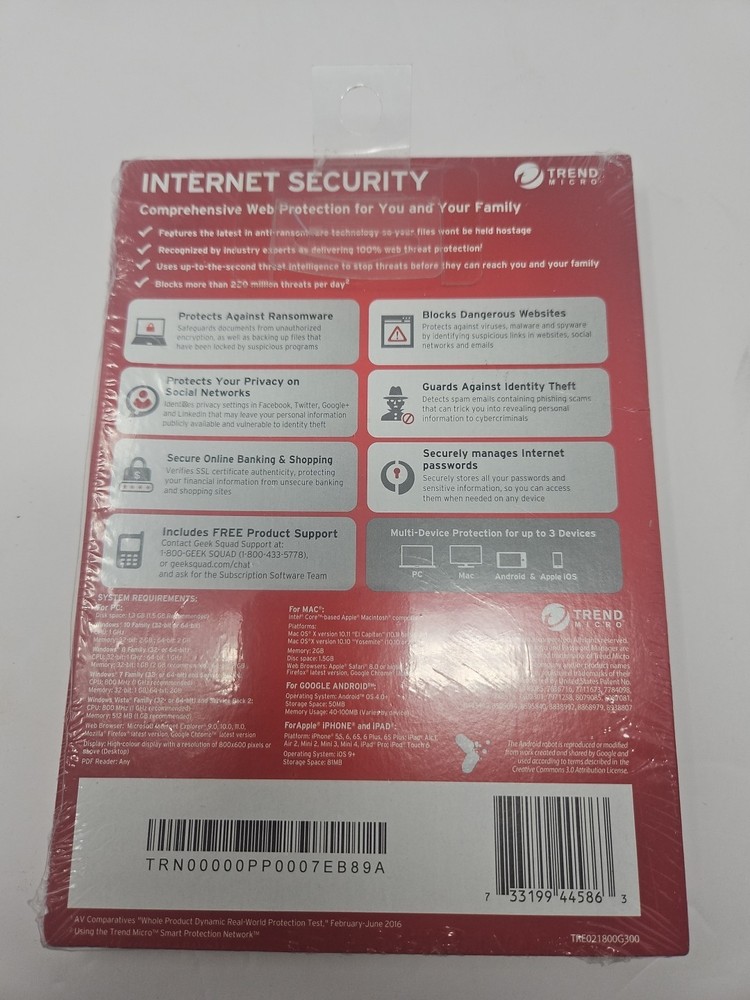 New Trend Micro Internet Security Advanced Online Protection. 3 Device Protector