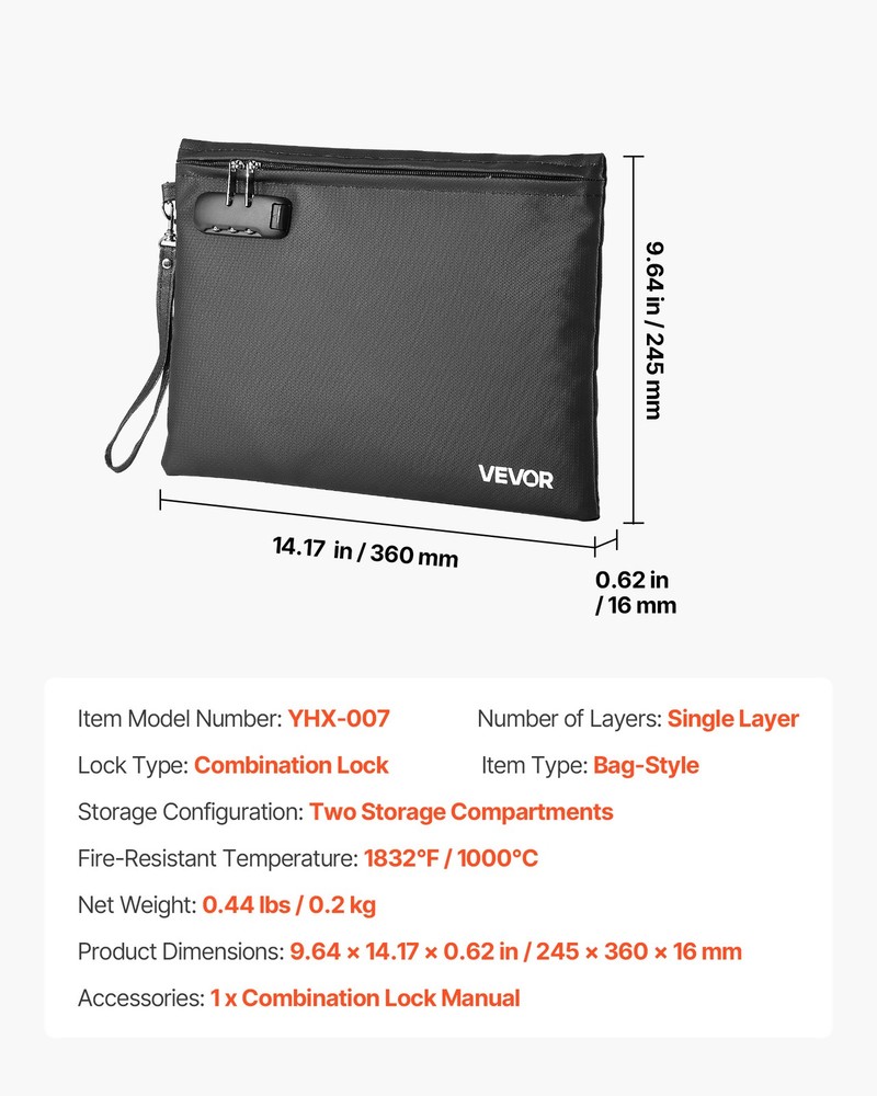 VEVOR Fireproof Document Bag 1832 ℉ Fireproof & Waterproof File Bag with Lock