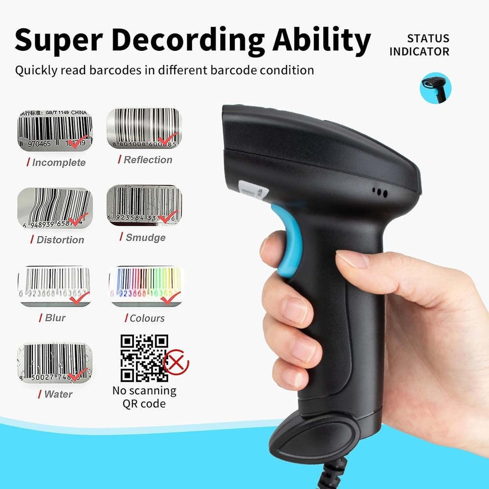 High-Speed USB Barcode Scanner - Reliable 1D Reader for Supermarkets & Offices