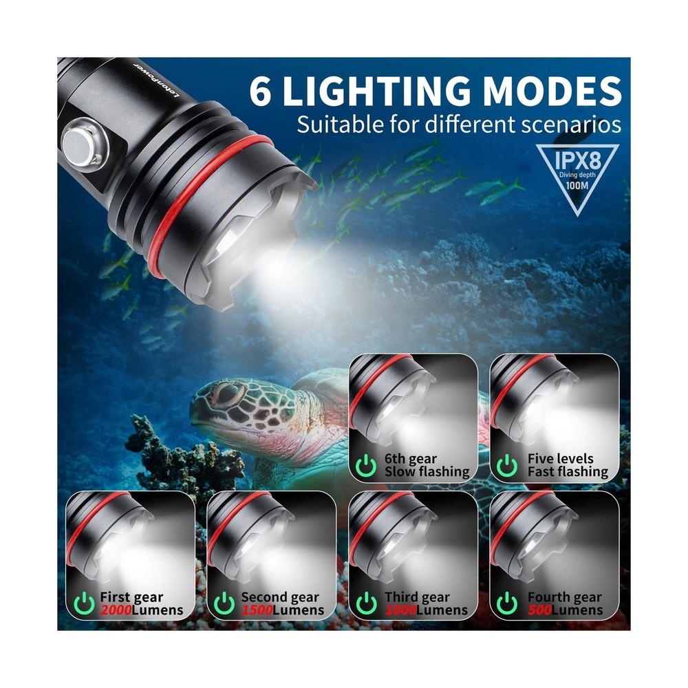 Diving Flashlight, 2000Lumens Dive Light,100m Underwater Flashlight,Dive Ligh...
