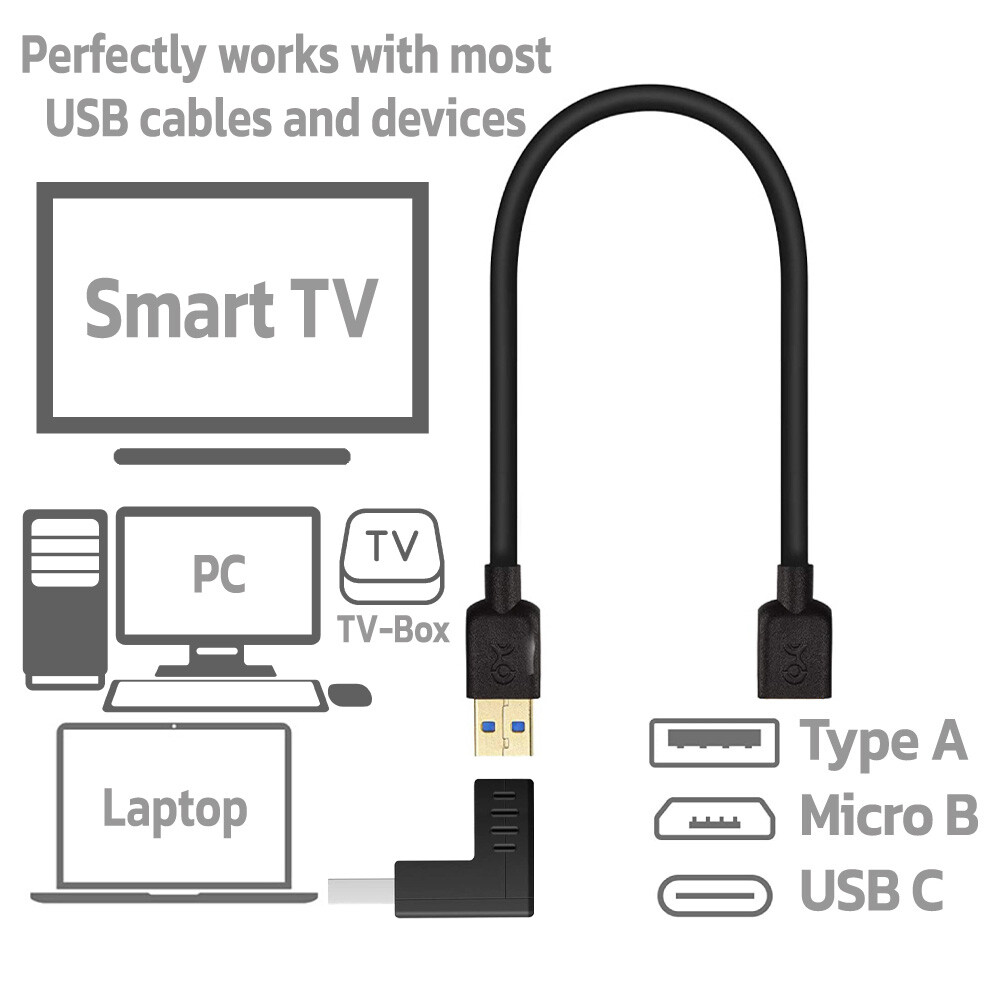 2 Pack USB 3.0 Adapter Type-A Right Angle USB Cable Extender 90 Degree Converter
