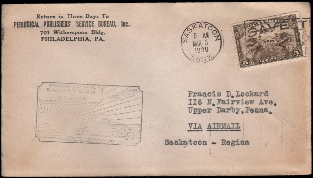 Canada #C1 first flight, Saskatoon to Regina, 1930