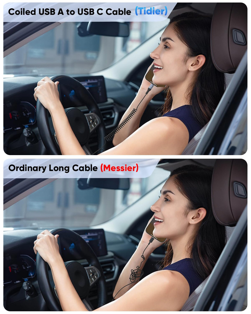 USB a to USB C Coiled Cable 3FT 2-Pack, Coiled USB C Cable for Car Fast Charging