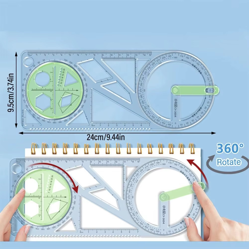 Rotary Multi-Function Geometry Ruler & Protractor | Precision Math Drawing Tool