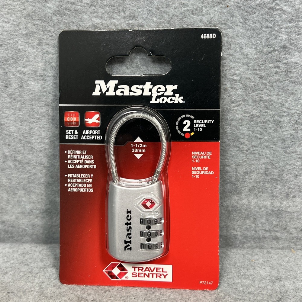 Master Lock luggage combo lock 4688D flex cable shackle Silver TSA accepted NEW