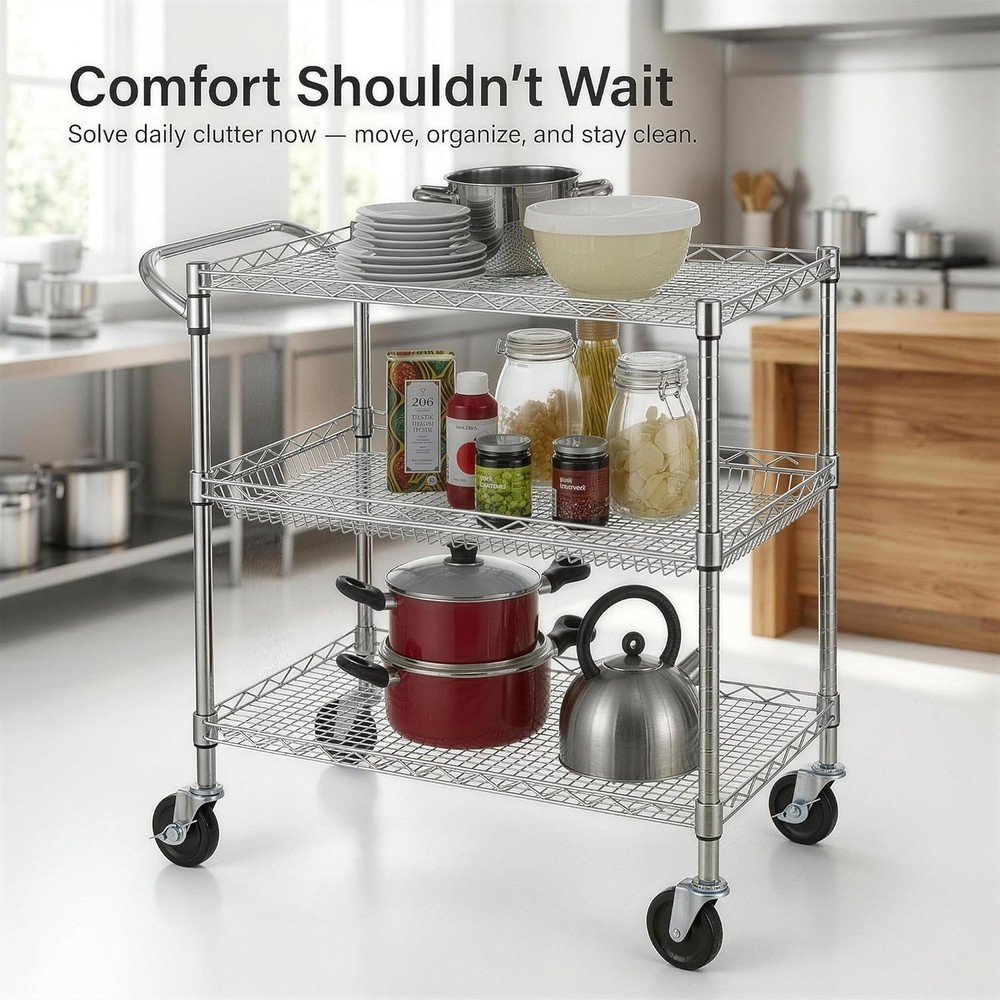 Durable Chrome Utility Cart - 500lb Capacity 3-Tier Rolling Storage Solution