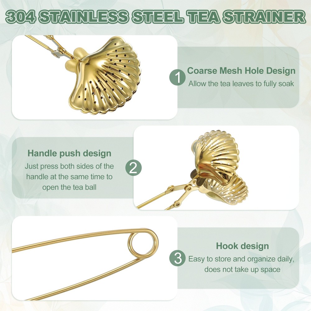 2Pcs Stainless Steel Long Handle Tea Infuser Shell shaped Gold
