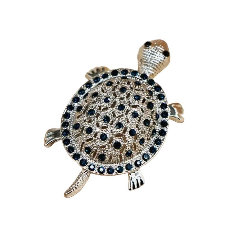 Turtle Brooch Silver Tone with Black Crystals
