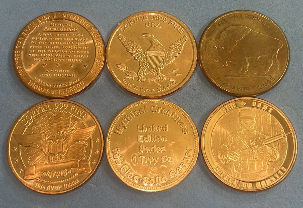 Six -1 OZ Assorted Copper Rounds .999 Fine Copper. Good For Copper Stackers.