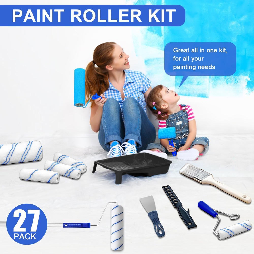 27 PCS Paint Roller Kit with Extension Pole, 4" & 9" Rollers, Blue