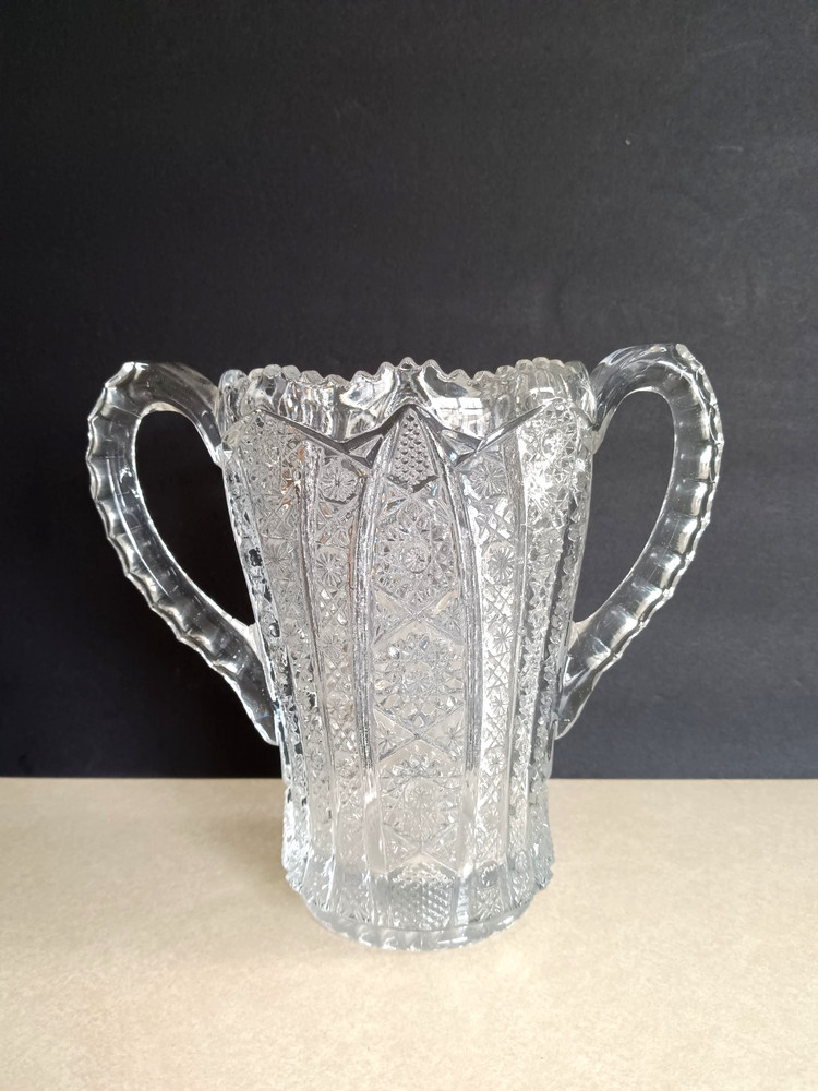 Antique EAPG Pressed Glass Double Handle Sugar Bowl Spooner Star Pattern