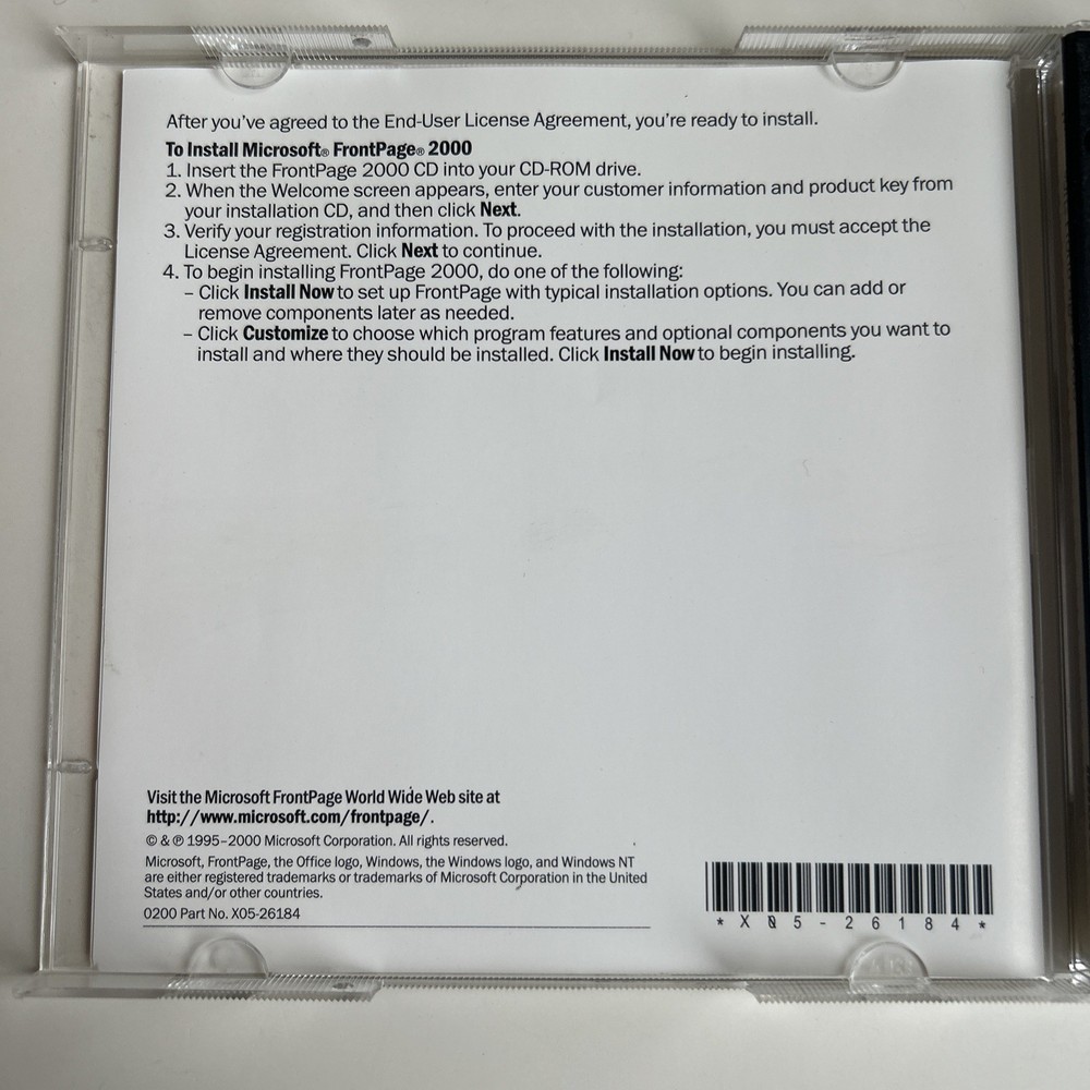 2000 Microsoft Front Page CD-Rom Software Full Version SR-1 w/ Product Key EUC