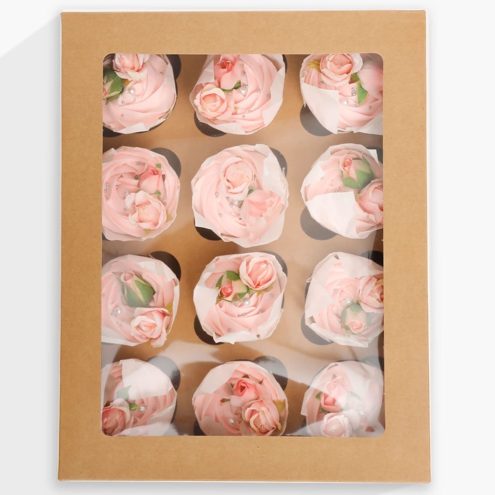 Cupcake Boxes 40 PCS Auto-pop Up Window 12 Count Container Ribbons Brown